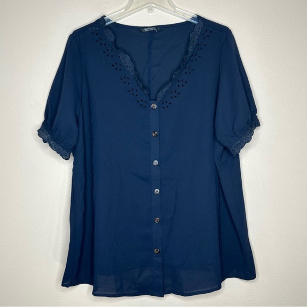 Bloomchic Navy Blue Solid Lace Trim Button Up Las… - image 2